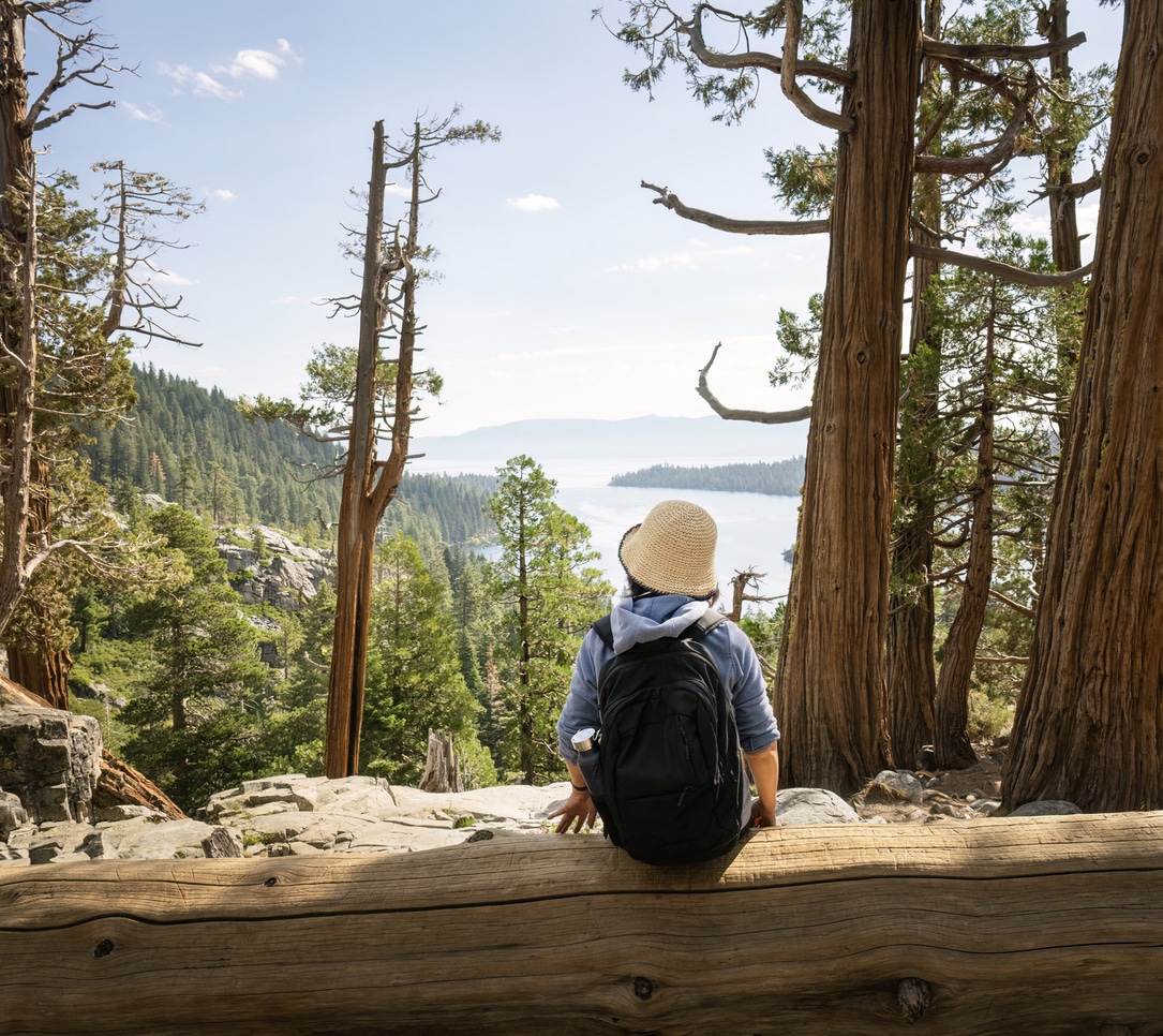 Woman sitting on a log in the woods.